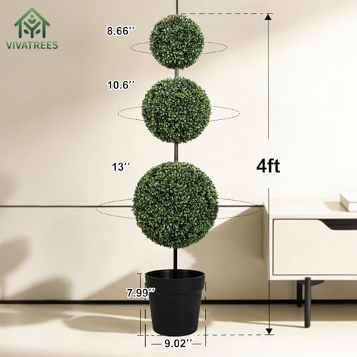 VIVATREES 4FT UV-Resistant Artificial Triple Ball Boxwood Topiary Set of 2, All-Weather Outdoor & Indoor Decor for Garden, Porch, Entryway - Image 3