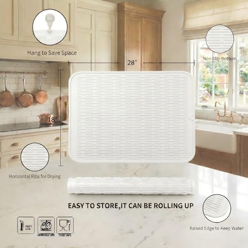 MicoYang Silicone Dish Drying Mat for Multiple Usage,Easy clean,Eco-friendly,Heat-resistant Silicone Mat for Kitchen Counter or Sink,Refrigerator or Drawer Liner White 3XL 28 inches x 18 inches - Image 2