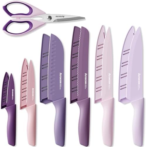 Astercook Knife Set, 13 Pieces Kitchen Knives Set with Healthy Anti-Rust Coating, Dishwasher Safe, Stainless Steel Chef Knife Sets with 6 Blade Guards, Perfect Holiday Gifts for Kitchen Purple by Astercook