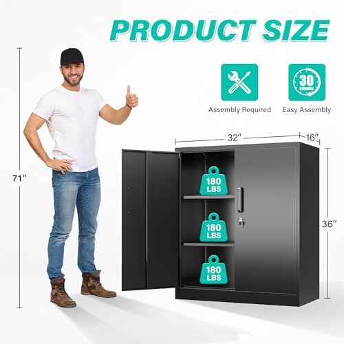 SISESOL 36 inch Metal Storage Cabinet with Doors and Shelves,Small Garage Storage Cabinet with Lock,Black Metal Cabinets with Locking Doors for Home,Office,Short Garage Cabinets - Image 3
