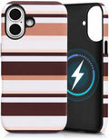 for iPhone 16 Case, Magnetic Matte Frosted Dual-Layer Striped Phone Case for Women, Retro Aesthetic Cover Compatible with Mag Safe Accessories - Cocoa Stripe by YKCZL