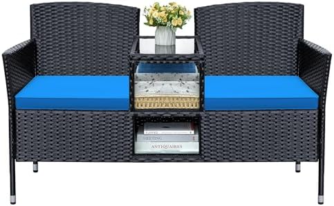 Greesum Patio Loveseat Outdoor Wicker Furniture Conversation Set,Blue by BuynowfromGreesum