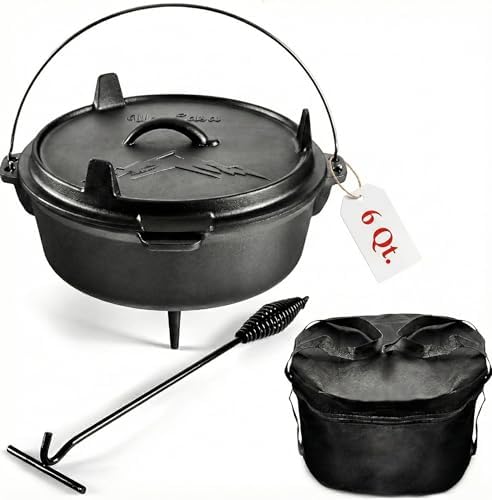 Uno Casa 6 Qt Cast Iron Dutch Oven for Camping | Skillet Lid, Lifter, Tote by UnoCasa
