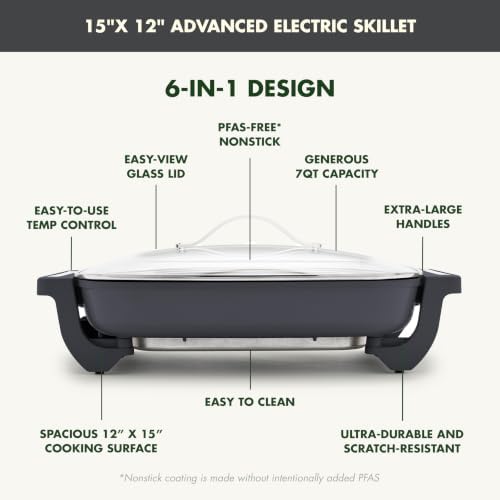 GreenPan Advanced 12” X 15” Electric Skillet with Lid, 7QT Capacity for Family Meals, Ceramic Nonstick PFAS-Free Coating, Fry, Sauté, Steam, Simmer, Sear, Stir Fry, Dishwasher Safe, Graphite - Image 4