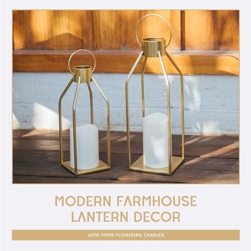 HPC Decor Modern Farmhouse Lantern Decor- Gold Metal Candle Lanterns for Christmas- Lanterns Decorative w/Timer Flickering Candles for Living Room, Home, Indoor, Outdoor, Table,Fireplace Mantle Decor - Image 5
