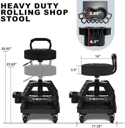 Rolling Shop Stool with Wheels, Heavy Duty Garage Work Mechanic Stool with Backrest, Adjustable Height 360°Swivel Rolling Chair with Tool Tray Storage, 330 LBS Capacity, Black - Image 2