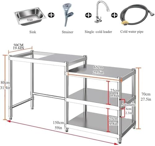 Stainless Steel Kitchen Prep Table with Sink, 3-Tier Multi-functional Washing Hand Basin Station, Utility Free-standing Work Table & Storage Shelves for Backyard BBQ, Garage, Garden - Image 7