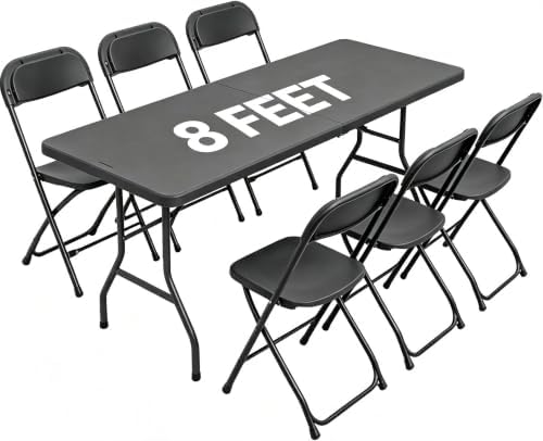 7-Piece Black Plastic 8FT Folding Table with 6 Black Folding Chair by WelcometoEDWINENE