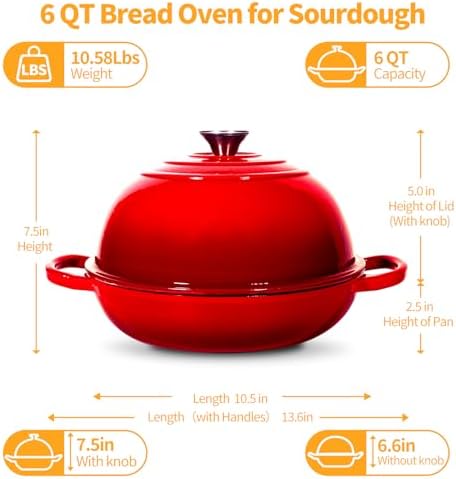 6QT Enameled Cast Red Iron Dutch Oven For Sourdough Bread Baking - Image 4