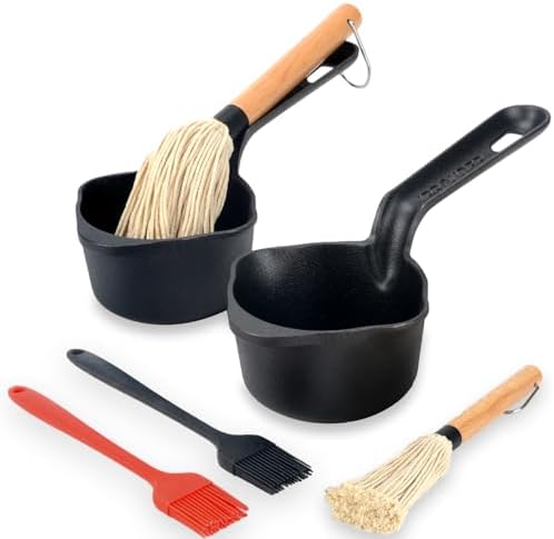 Cast Iron Sauce Pan and Basting Pot with BBQ Mop Brushes - Cast Iron Small Sauce Pots 2 Pcs for Grilling, Melting, Camping Cooking & Stoves - Mini Pot for Butter Melter by IPROUDER