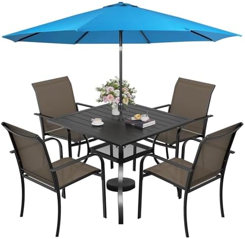 Incbruce 6 Pieces Patio Dining Set with Sky Blue Umbrella, Outdoor Dining Set of 4 Textilene Chairs and Square Table with Umbrella Hole for Backyard, Garden, and Poolside (Brown) by Incbruce