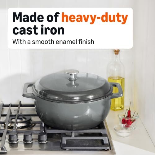 Amazon Basics Enameled Cast Iron Dutch Oven Pot With Lid, 7.3-Quart, Round, Dual Handles, Heavy-Duty, Oven Safe for Stews, Roasting & Baking, Gray - Image 4