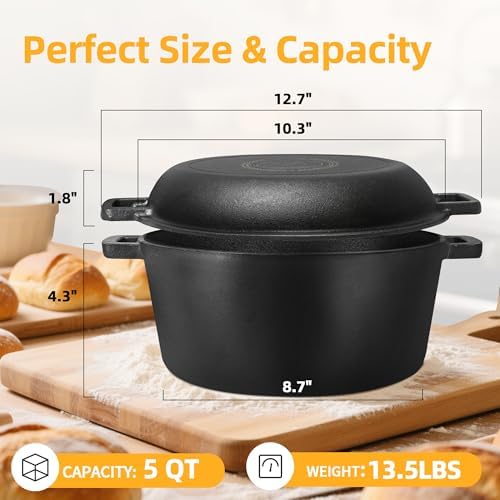 Pre-Seasoned Cast Iron Dutch Oven Pot with Skillet Lid, 5 Qt - Image 2