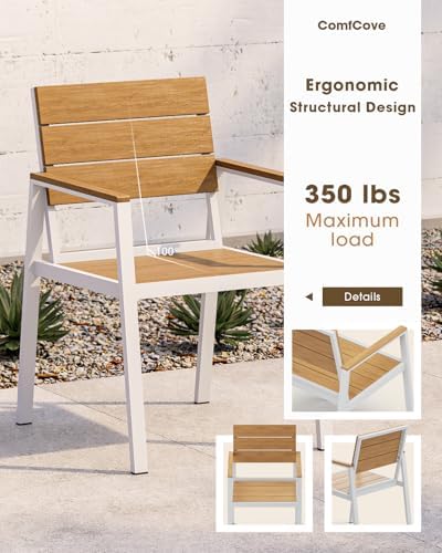 Outdoor Dining Set for 10, Aluminum Patio HDPS Outdooor Table and Chairs Set with Umbrella Hole, All Weather Patio Furniture Set, 12 Peice Patio Dining Table Set (White & Teak) - Image 5