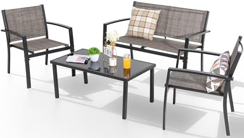 Shintenchi 4 Pieces Patio Furniture Set All Weather Textile Fabric Outdoor Conversation Set, with Glass Coffee Table, Loveseat, 2 Single Chairs for Home, Garden, Lawn, Porch（Light Brown） by Shintenchi%7CFurnitureMadeforRealLife