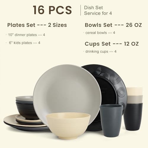 Homienly Wheat Straw Dinnerware Set - Dinner Plates, Cereal Bowls, Drinking Cups Set, Unbreakable 16 PCS Dish Set, Microwave and Dishwasher Safe Dishes for Home, Outdoor - Grey Stone - Image 2
