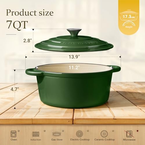 Overmont Enameled Cast Iron Dutch Oven - 7QT Pot with Lid Cookbook & Cotton Potholders - Heavy-Duty Cookware for Braising, Stews, Roasting, Bread Baking GlossyGreen - Image 4