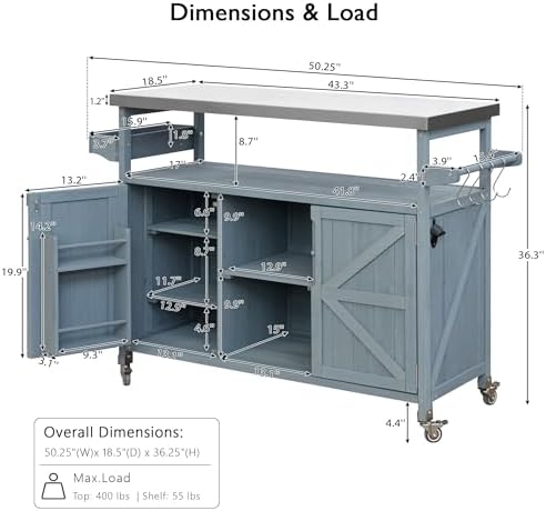 50.25" W Grill Cart with Stainless Steel Tabletop, Grey Blue - Image 2