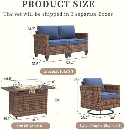 UDPATIO 5 Pieces Patio Furniture Set with Fire Pit Table, Outdoor Conversation Set with Rocking Swivel Chairs, Wicker Furniture Set with Waterproof Cover, 4'' Thickened Cushion, Navy - Image 3