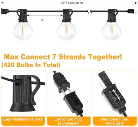 120FT Outdoor G40 LED Globe String Lights Dimmable Waterproof Shatterproof - Image 6