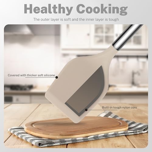 QMVESS Silicone Cooking Utensils Set, 28 Pcs Non-Stick Kitchen Utensils Set with Holder, 446°F Heat Resistant Spatula, Tongs, Spoons Set with Stainless Steel Handle Kitchen Gadgets (Khaki) - Image 5