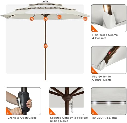 EliteShade USA 10-Year-Non-Fading 10ft 3-Tier Market Patio Umbrella, Commercial Table Umbrella with 80 Solar LED Lights, Crank Open, Windproof & UPF 50+ UV Protection for Garden, Deck, Pool, Backyard, No Tilt, White - Image 5