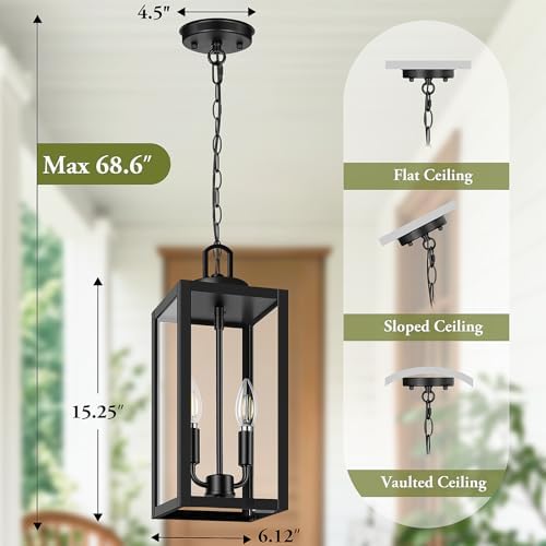 BesLowe 15” Large Outdoor Pendant Light, 2-Light Hanging Lantern, Black - Image 5