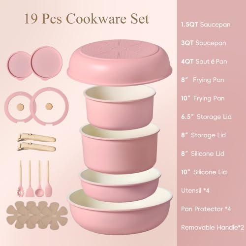 CAROTE 19pcs Pots and Pans Set Non Stick, Detachable Handle Cookware, Pink - Image 2