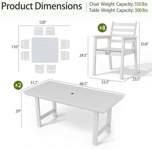 10-Piece Outdoor Dining Set, All-Weather HDPE Patio Furniture, Two 66.5" Slatted Table with 1.6" Umbrella Hole & 8 Ergonomic Armchairs, Heavy Duty 350lbs Capacity, UV Resistant, White - Image 4