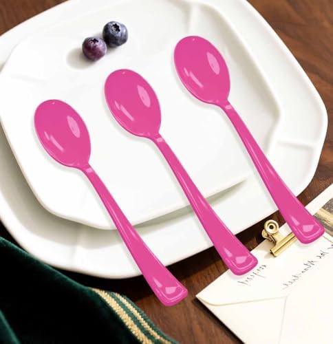 SietDESEO 25 PCS Hot Pink Plastic Spoons Disposable Utensils Heavy Duty Hot Pink Spoons Disposable Cutlery for Birthday Wedding Baby Shower Bridal Shower Plastic Silverware - Image 5