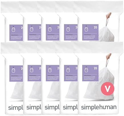 simplehuman Code V 200 Count Custom Fit Liners, Drawstring Kitchen Trash Bags, One-by-One Mess-Free Dispense, Extra Thick & Double Seamed, 50% PCR Plastic, 16-18 Liter / 4.2-4.8 Gallon, White by Unknown