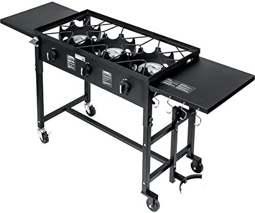 Barton Portable Triple Burner Propane Camp Stove, 87,000 BTU Outdoor Cooking Stove with Side Table, Wheels, Regulator Hose & 4-Hook Utensil Holder for Camping, Tailgating & Backyard Cooking by Barton