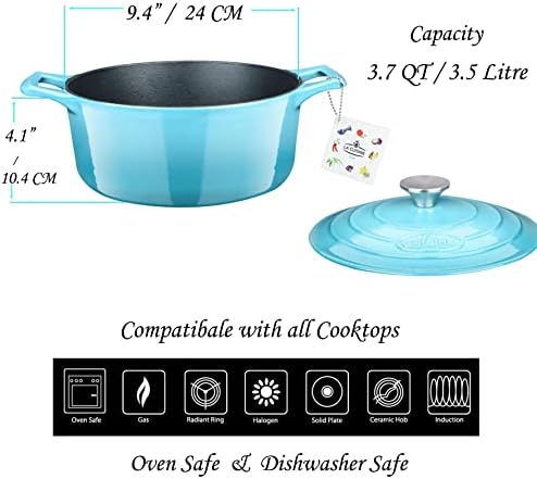La Cuisine Enameled Cast Iron Dutch Oven Casserole Dish Pot with Lid, 3.7 QT 9.5 Inches Dia. Matte Black Enamel Interior, Teal Porcelain Enamel Exterior Oven-Safe - Image 6