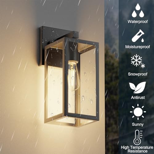 Kalium Porch Wall Lights Outdoor, Waterproof Lanterns with Frame and Clear Glass Shade, Exterior Front Porch Light Matte Black Wall Sconce, Modern Mounted Lighting for Patio Entryway Hallway - Image 2