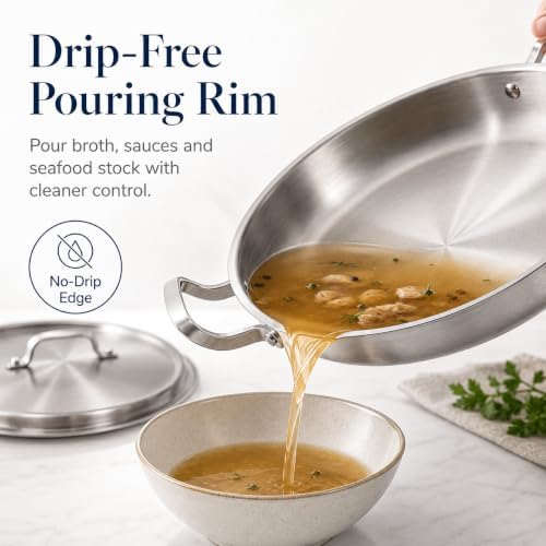 DELARLO 16 Inch Stainless Steel Paella Pan with Lid, 5-Ply Fully Clad,Jumbo Frying Pan for 12-14 Servings, PFOA & PTFE Free Skillet for Gas Stove, Great for Paella Parties Indoors Outdoors - Image 5