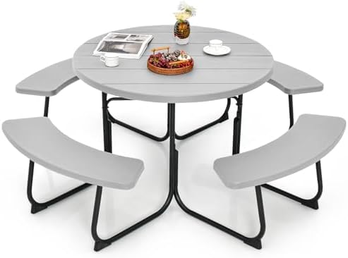 Tangkula 8 Person Round Picnic Table with 4 Built-in Benches, Grey by TANGKULA