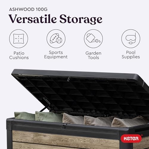 Keter Signature Collection 100 Gallon Resin Deck Box Organization Box and Storage for Patio Outdoor Cushions, Throw Pillows, Garden Tools and Pool Supplies, Ashwood - Image 5
