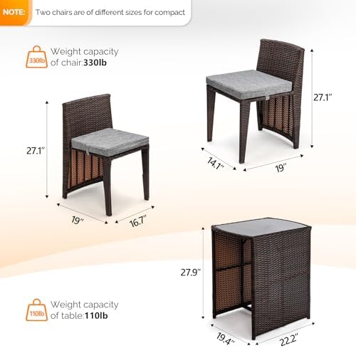 Bonnlo 3 PCS Wicker Outdoor Patio Bistro Set, Patio Furniture Set for Small Space with Glass Top Table Dining Chairs, Balcony Furniture Patio Table and Chairs Set of 2 for Garden Yard Porch (Brown) - Image 3