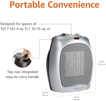 Amazon Basics Ceramic Space Heater, Portable Indoor Heating Solution, With Overheat and Tip-Over Protection, Thermostat, Non-Oscillating, 1500W, Fast Heating, 7.52"D x 6.34"W x 9.45"H, Silver - Image 3