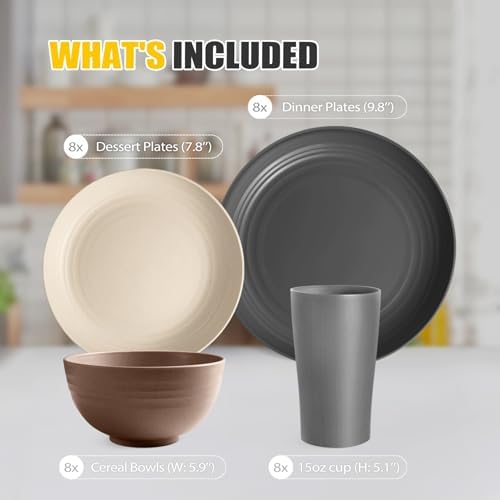 Teivio 32-Piece Plates and Bowls Sets for 8, Wheat Straw Dinnerware Sets - Image 2