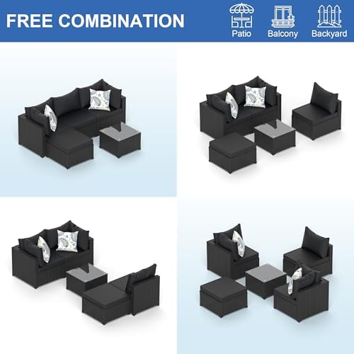 Patio Furniture Set, 5PCS Outdoor Sectional w/ Ottoman & Cushion, Black - Image 6