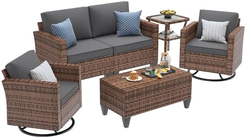 UDPATIO Patio Furniture Set, 5 Pieces Outdoor Furniture Sets with Rocking Swivel Chairs, Wicker Rattan Outdoor Conversation Set with Storage Table and Waterproof Covers for Backyard, Deck, Porch, Grey - Image 2