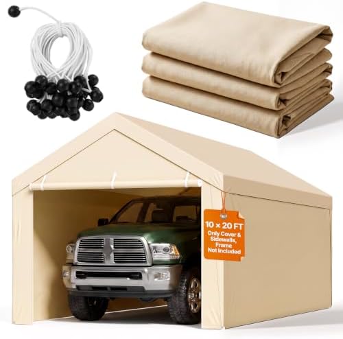 VEVOR Carport Replacement Canopy Cover, 10 x 20 ft Potable Garage Tent Top Tarp with Sidewalls, UV-Resistant & Waterproof, Heavy Duty Car Shelter Tarp with Ball Buggees, Beige, Frame Not Included by VEVOR