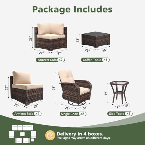 Aoxun 10 Piece Outdoor Patio Furniture Set with Coffee Table, Wicker Rattan Outdoor Furniture with High Back Swivel Rocker Chairs, Outdoor Conversation Set with Thick Cushion & Ottoman, Beige - Image 2