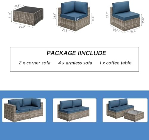7 Piece Outdoor Patio Furniture Set with Natural PE Rattan, Navy Blue - Image 4