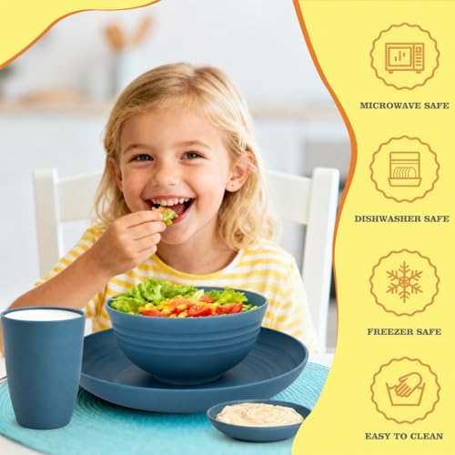 16 PCS Wheat Straw Plates and Bowls Sets,Kids Dishes Dinnerware Sets for 4,Unbreakable Kitchen Plates and Bowls Set for Travel Dishwasher & Microwave Safe Lightweight Dishes Set - DeepBlue - Image 4