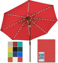 EliteShade USA 10-Year-Non-Fading 9ft Market Patio Umbrella, Commercial Grade Table Sun Umbrella with 80 Solar LED Lights, Crank Open, Windproof & UPF 50+ UV Protection for Garden, Deck, Pool, Backyard, Logo Red by EliteShade
