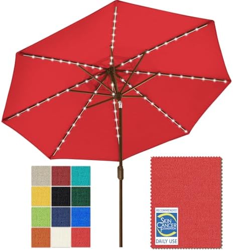 EliteShade USA 10-Year-Non-Fading 9ft Market Patio Umbrella, Commercial Grade Table Sun Umbrella with 80 Solar LED Lights, Crank Open, Windproof & UPF 50+ UV Protection for Garden, Deck, Pool, Backyard, Logo Red by EliteShade