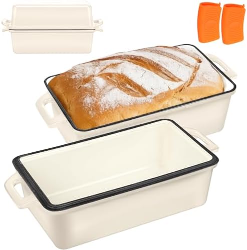 Wildone 2 in 1 Enameled Cast Iron Bread Pan with Lid, 9x5 Loaf Pans for Homemade Sourdough Bread, Cake, Meatloaf, Even Heating Bread Dutch Oven, Cream White by Wildone