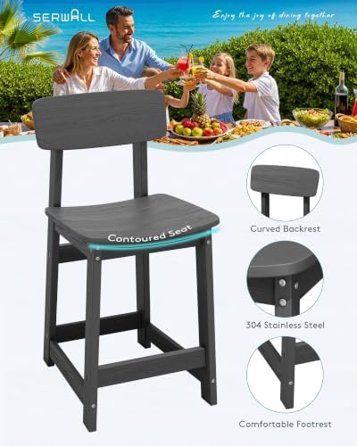 SERWALL 5-Piece Outdoor HDPE Counter-Height Bar Set with 4 Stools, Gray - Image 3